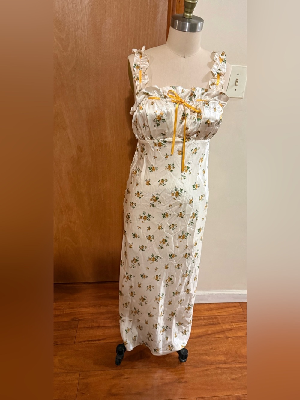 Reformation White Maxi Dress with Yellow Floral Print and Ribbon